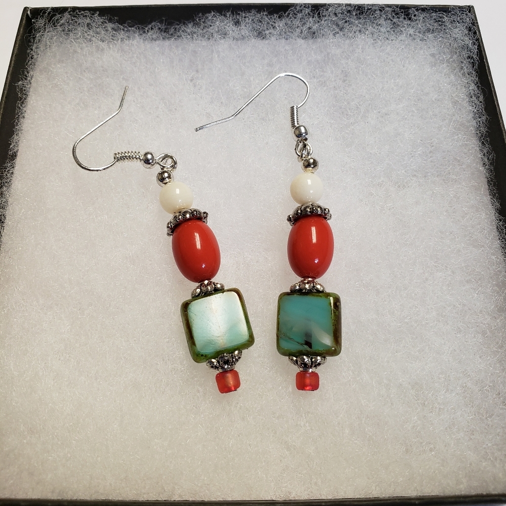 Earrings. Orange coral and simulated turquoise beads. Brand new. Never worn.
